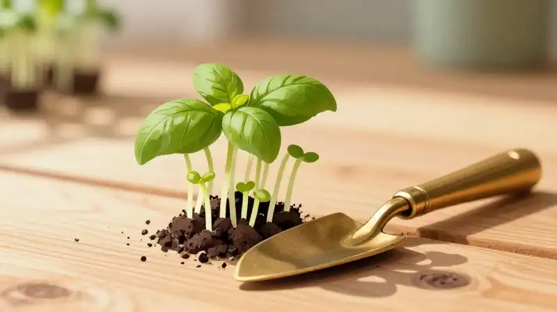 Sunlight illuminates delicate green basil and a shiny brass trowel