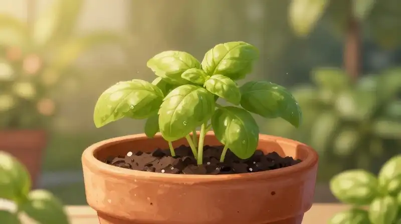 Glowing basil sprigs bloom in a warm terracotta pot