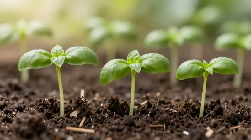 Small basil seedlings are delicately pruned in fertile soil under soft sunlight