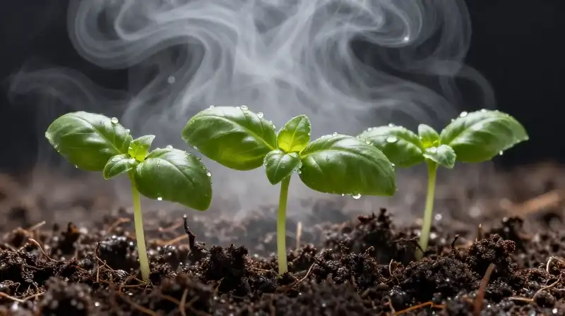 Delicate green basil seedlings emerge from rich, moist dark soil