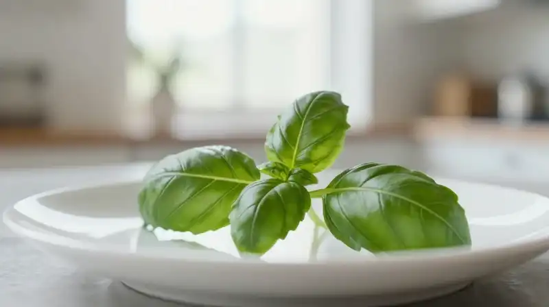 Fresh micro basil garnishes a white plate in a bright kitchen