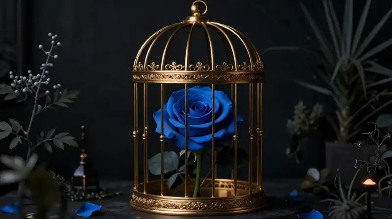 Dramatic golden cage holds a moody midnight blue rose