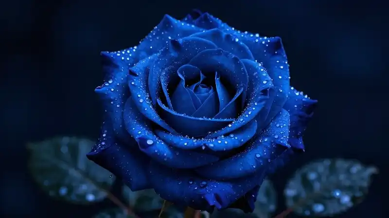 A midnight blue rose covered in shimmering dew beneath a celestial night sky
