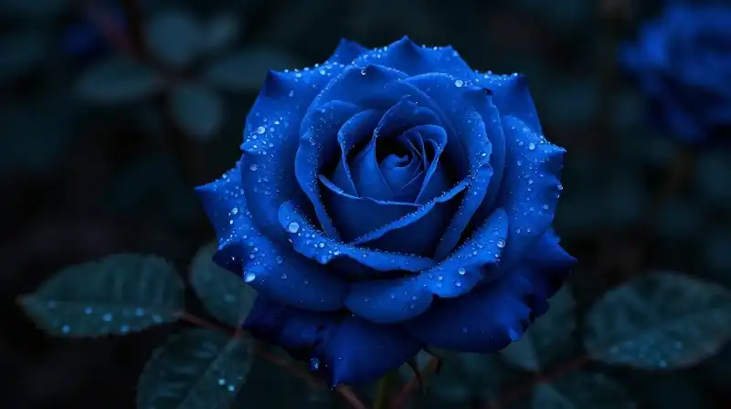 Midnight blue rose with dewdrops in a dark garden