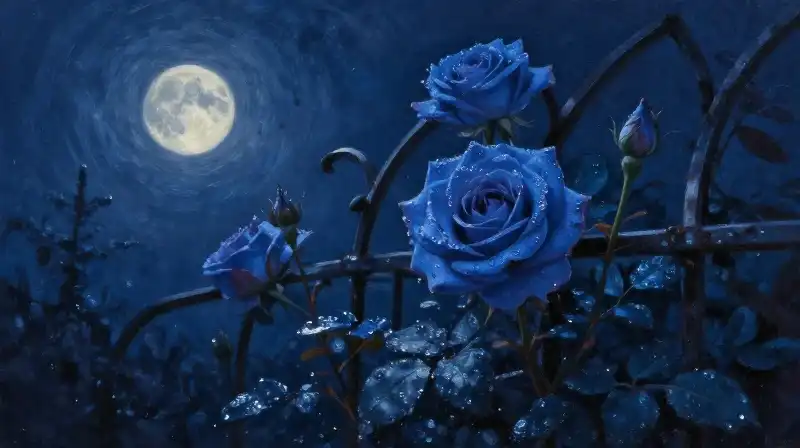 Deep blue roses glisten with dew on overgrown, dramatically lit iron