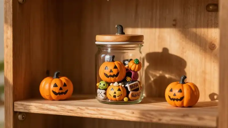 Warm sunlight shines on a miniature pumpkin jar resting on rustic wood