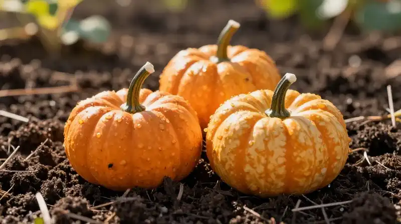 Tiny, detailed pumpkins glow in rich, sunlit garden soil