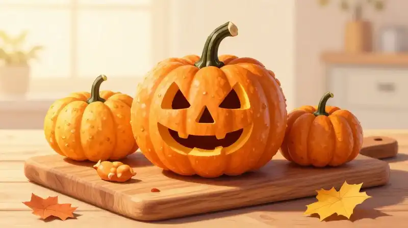 Miniature carved pumpkin on wood, illuminated by warm sunlight
