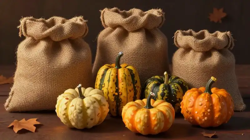 Miniature squashes fill a rustic burlap sack under warm golden light