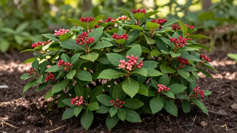 A vibrant, lush Viburnum shrub emerges from rich, dark forest soil