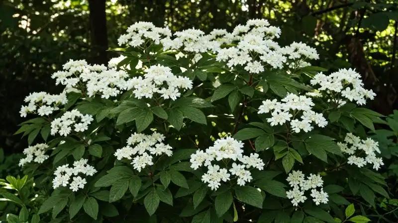 White flower clusters grace lush green viburnum in sunlit forest