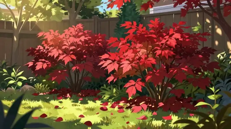 Vibrant viburnum shrubs pop in a sunlit backyard garden