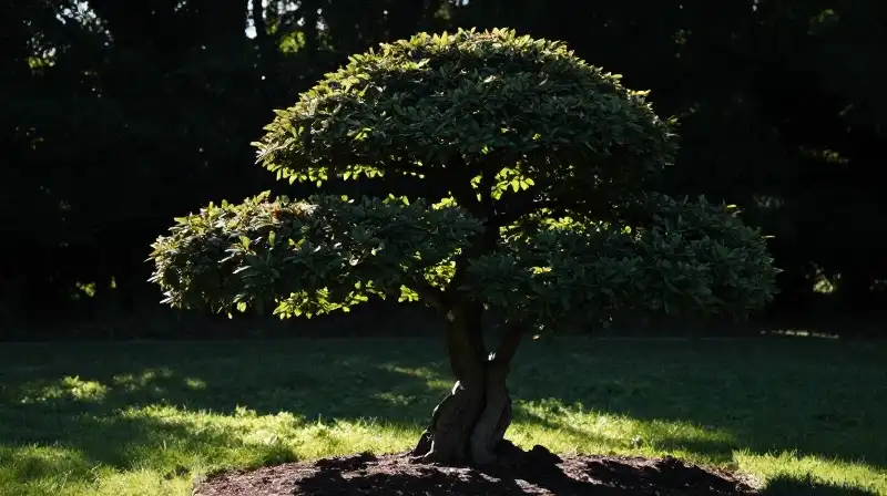 A meticulously pruned Viburnum stands in bright, dappled morning sunlight