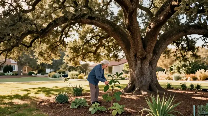 A peaceful elderly caregiver tends a garden beneath warm, dappled golden light