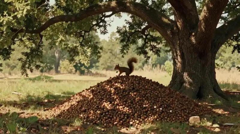 A whimsical squirrel foraging beneath a colossal, sunlit oak
