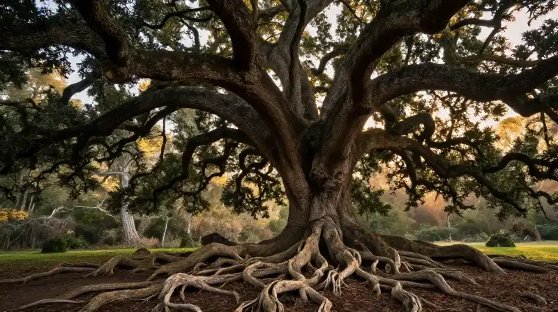 A massive, gnarled oak stands dramatically in an ancient forest