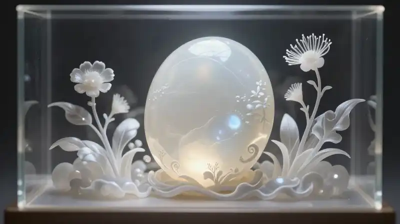 A glowing white sculpture and delicate silk flowers rest in an ethereal chamber