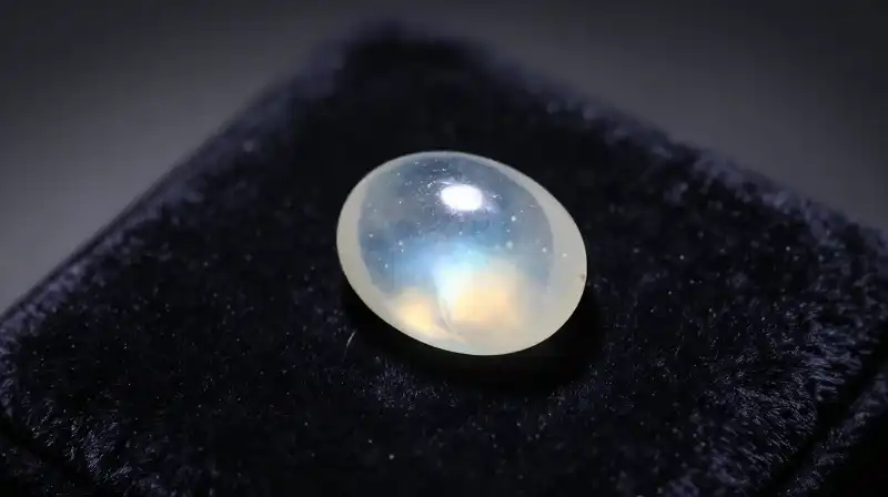 Glowing white moonstone rests dramatically on dark plush velvet