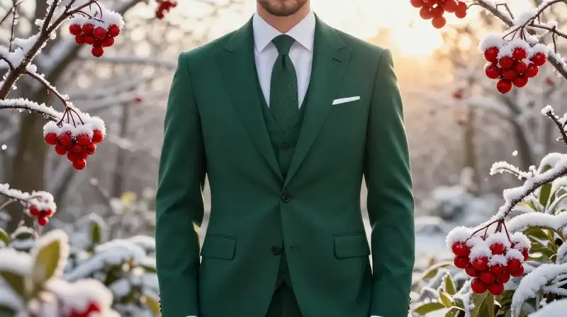 A man in an emerald suit stands in a snowy garden among red winterberries