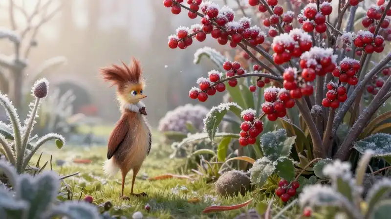 Whimsical Poppins appears in a frosty garden among lush winterberries