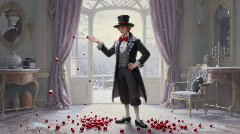 A graceful man in a suit stands amid frosted Victorian splendor