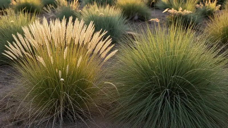 Slender and wide grass tufts contrast in the arid sagebrush glow