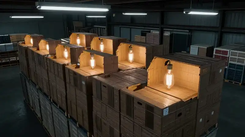 Crates fill the warehouse under harsh fluorescent and glowing bulb lighting