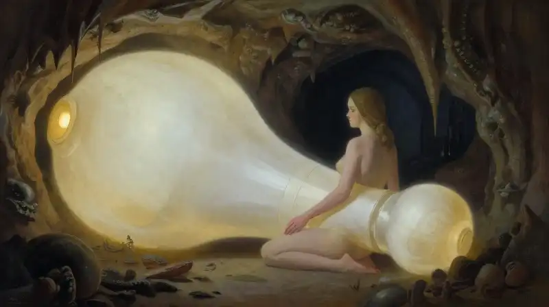 Nude woman surrounded by giant glowing ivory bulbs underground