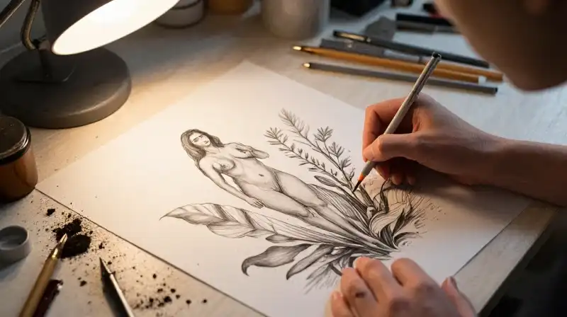 A focused hand sketches whimsical botanical art on a messy table