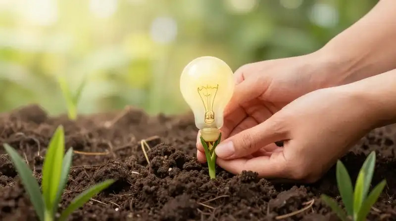 Gentle hands nurture pale bulbs emerging from dark, fertile earth