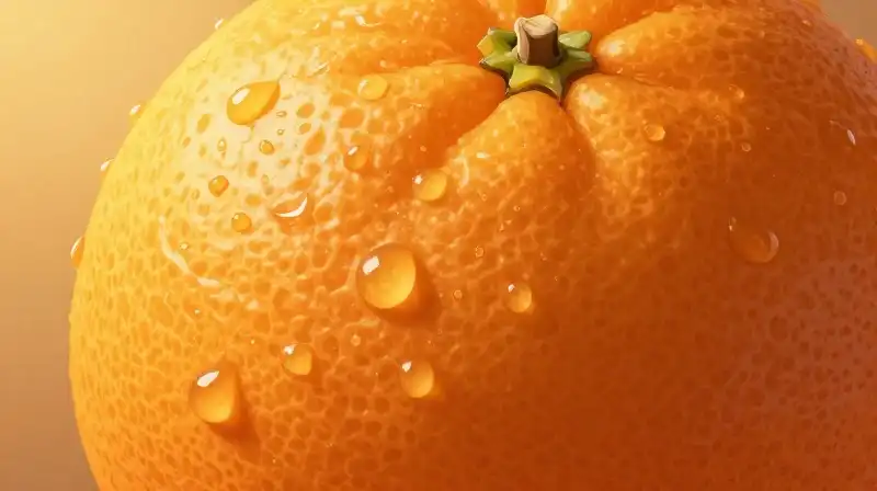 A vibrant orange navel fruit, adorned with dew, glows in the golden hour