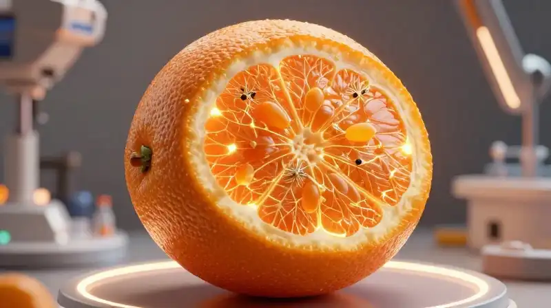 A glowing orange navel with microscopic gold veins in a soft laboratory setting