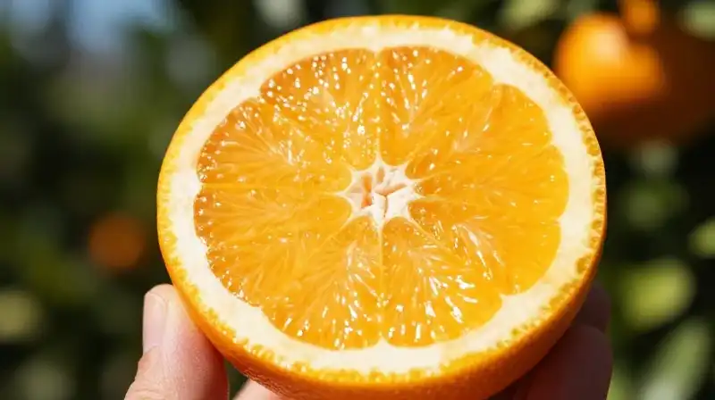 A bright orange glows amidst the sunny citrus grove
