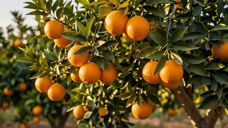 Golden hour bathes an orange tree dripping with vibrant citrus fruit