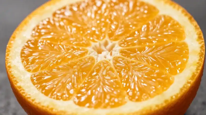Vibrant orange pulp glows brilliantly where sunlight shines through its segments