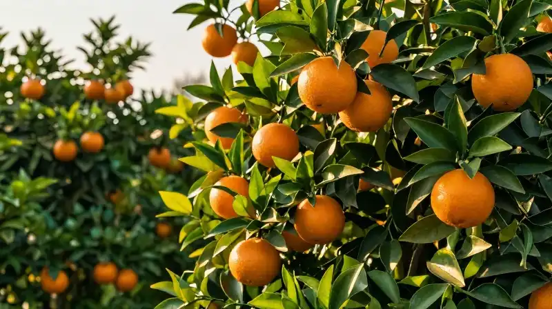 Vibrant oranges harvest bathed in warm, golden sunlight on a lush farm