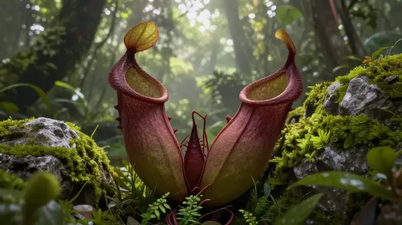 A giant purple Nepenthes looms in a misty Borneo rainforest