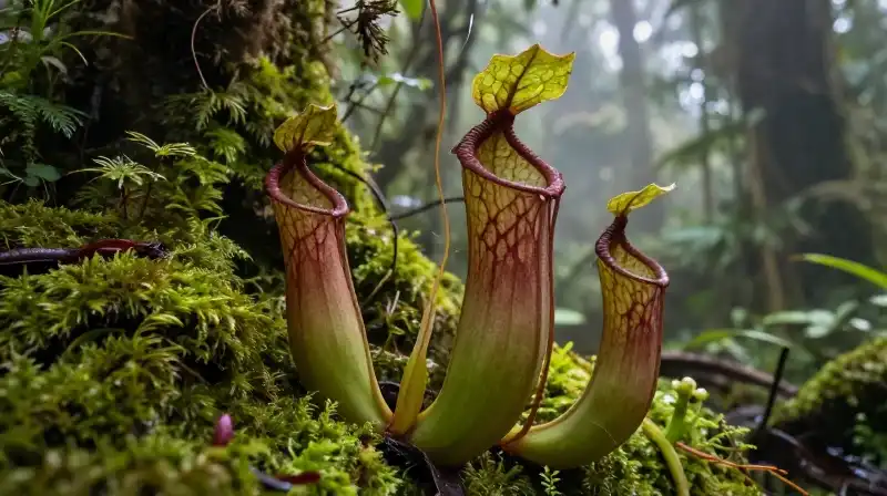 Massive pitcher plant surrounded by dense, misty rainforest moss