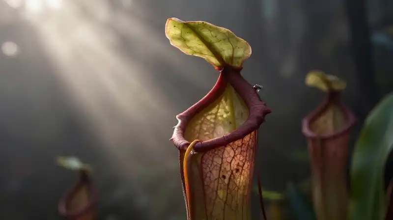 A colossal Nepenthes rajah pitcher in a misty montane forest