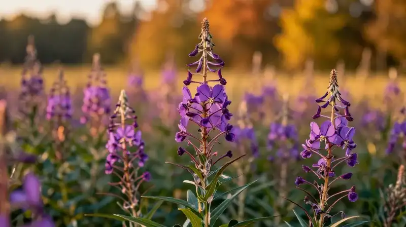 Vibrant purple ironweed glows in a lush autumn field