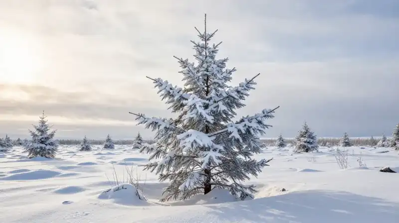 A tall, golden Thuja tree stands starkly within a field of white snow