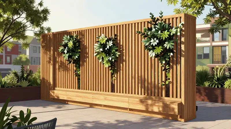 Golden light bathes a detailed wooden screen integrated with green foliage