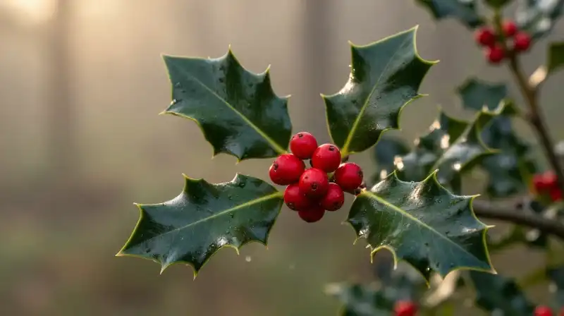Glossy green holly features bright red berries in a misty woodland