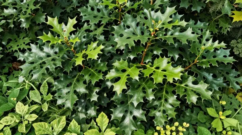 A vibrant holly bush with lush, dark leaves glows under dappled sunlight