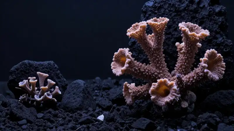 Shadowy obsidian bells glow against dramatic dark volcanic rock