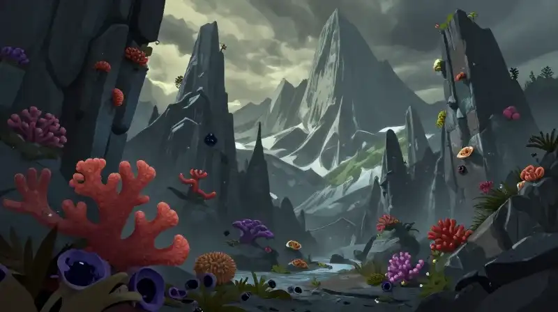 Jagged obsidian coral towers rise dramatically in a misty alpine landscape