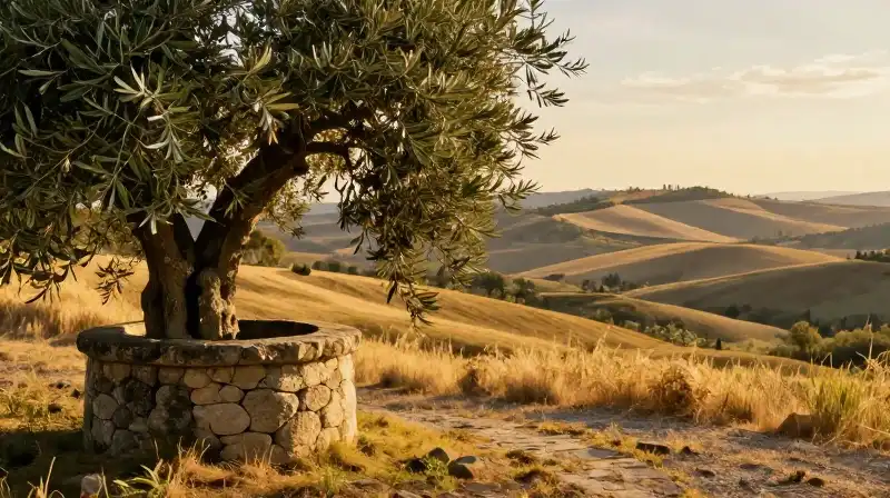 Golden light bathes an ancient cistern nestled under olive trees