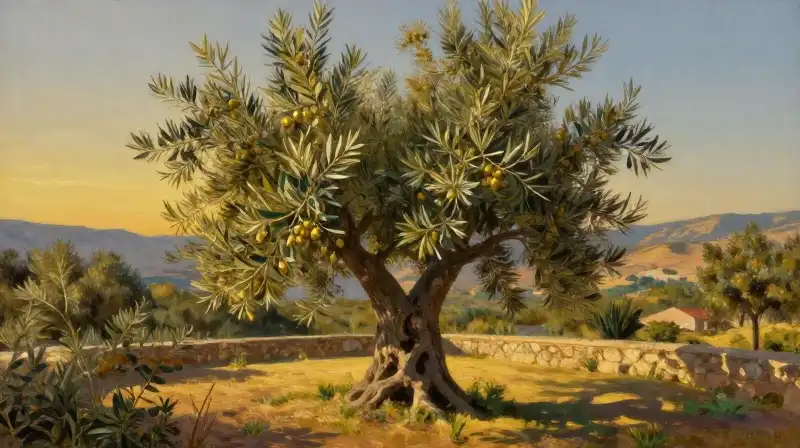Golden light bathes an ancient olive tree on a warm Mediterranean terrace