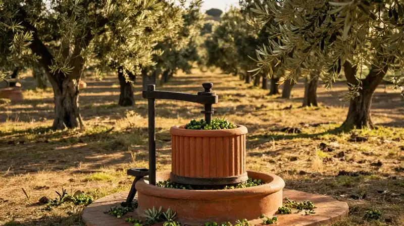 A rustic press glows amidst sun-drenched olive groves
