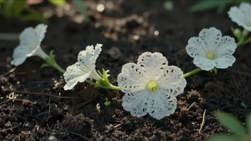Delicate white vines sprout softly within rich, humid garden soil